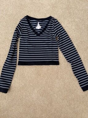 No Boundaries Black and White Striped V-Neck Top